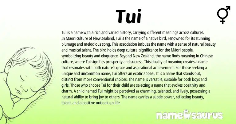Infographic about Tui name meaning, Tui is a name from Maori, Chinese origin(s).