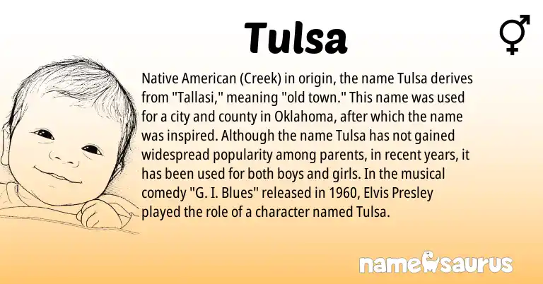 Infographic about Tulsa name meaning, Tulsa is a name from Native American, Creek origin(s).