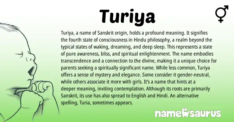 Infographic about Turiya name meaning, Turiya is a name from Hindu, Sanskrit origin(s).