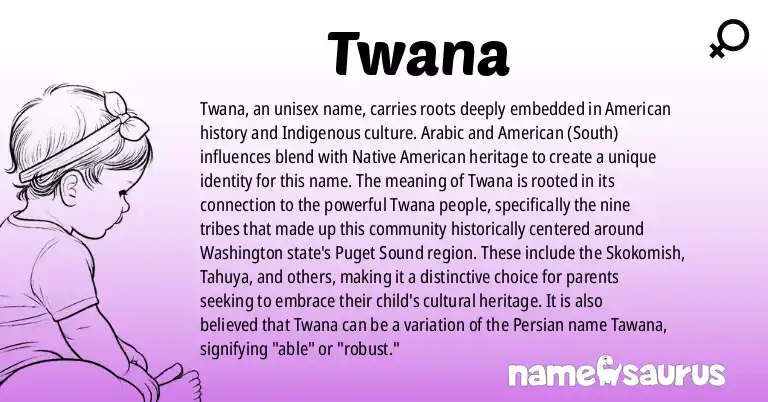 Infographic about Twana name meaning, Twana is a name from Arabic, American (South), Native American, Persian origin(s).