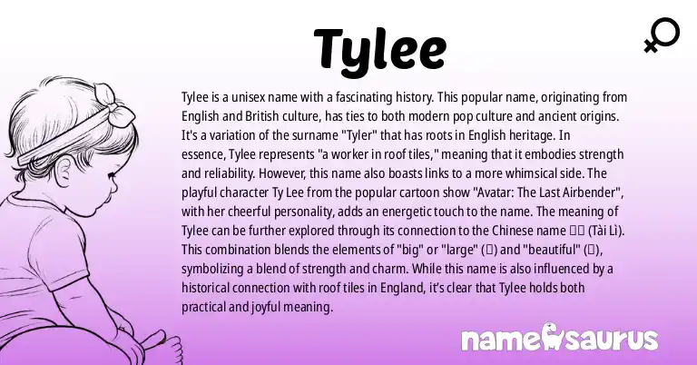 Infographic about Tylee name meaning, Tylee is a name from Popular Culture, English, British, Chinese origin(s).