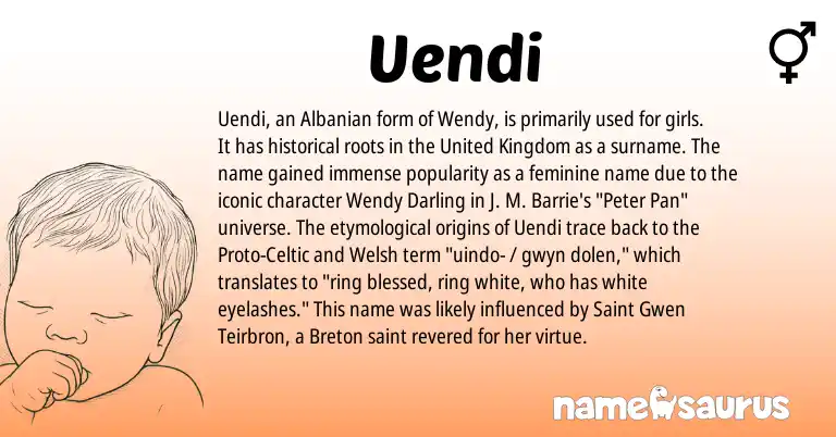 Infographic about Uendi name meaning, Uendi is a name from Albanian, Breton, Welsh, United Kingdom, Proto-Celtic origin(s).