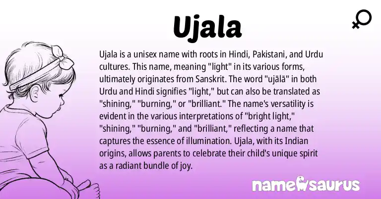 Infographic about Ujala name meaning, Ujala is a name from Hindi, Pakistani, Urdu, Indian origin(s).