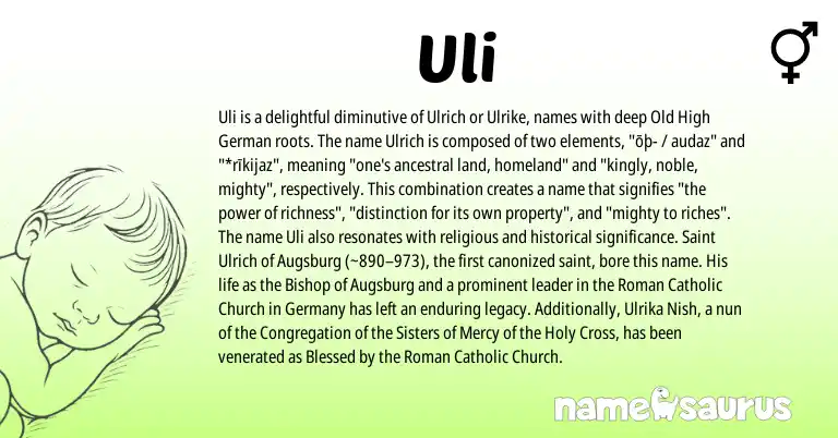 Infographic about Uli name meaning, Uli is a name from Old High German, Roman origin(s).