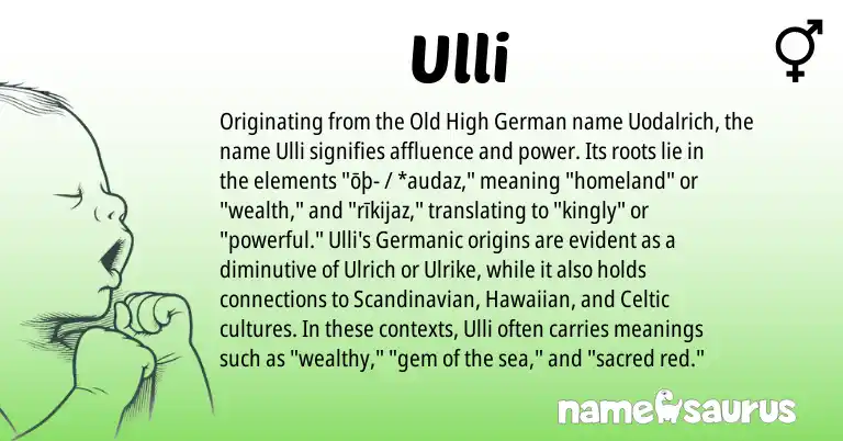 Infographic about Ulli name meaning, Ulli is a name from Hawaiian, Old High German, Scandinavian, Germanic, Celtic origin(s).
