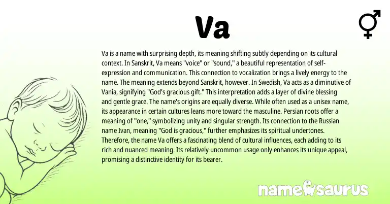Infographic about Va name meaning, Va is a name from Swedish, Sanskrit origin(s).
