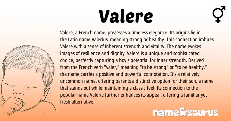Infographic about Valere name meaning, Valere is a name from Latin, French origin(s).