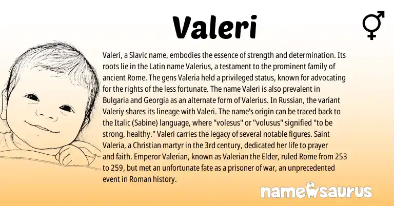 Infographic about Valeri name meaning, Valeri is a name from Russian, Slavic, Roman, Latin origin(s).