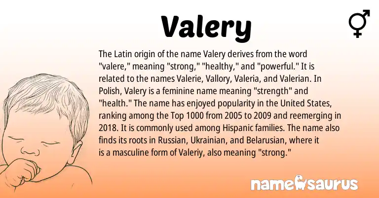 Infographic about Valery name meaning, Valery is a name from Ukrainian, Polish, Hispanic, United States, Russian, Latin, Belarusian origin(s).
