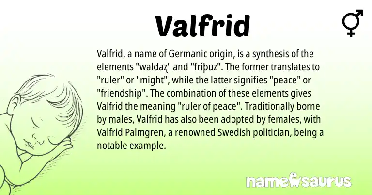 Infographic about Valfrid name meaning, Valfrid is a name from Swedish, Germanic origin(s).