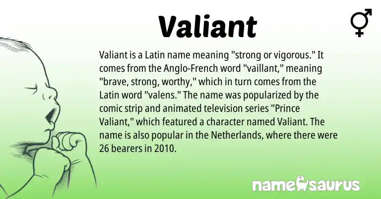 Infographic about Valiant name meaning, Valiant is a name from Anglo-French, Netherlands, Latin origin(s).