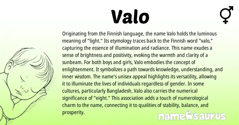 Infographic about Valo name meaning, Valo is a name from Finnish origin(s).