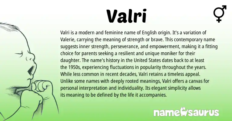 Infographic about Valri name meaning, Valri is a name from English origin(s).
