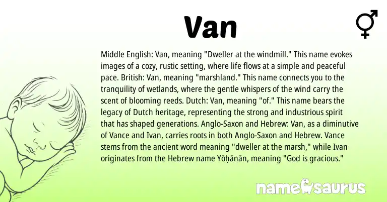 Infographic about Van name meaning, Van is a name from British, Anglo-Saxon, Middle English, Dutch, Hebrew origin(s).