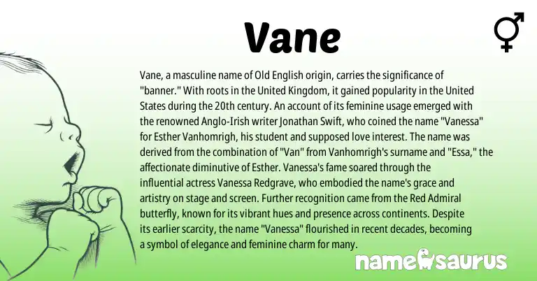 Infographic about Vane name meaning, Vane is a name from Irish, Old English, United Kingdom, United States origin(s).