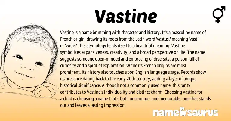 Infographic about Vastine name meaning, Vastine is a name from Latin, French origin(s).