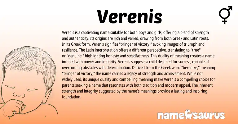 Infographic about Verenis name meaning, Verenis is a name from Latin, Greek origin(s).