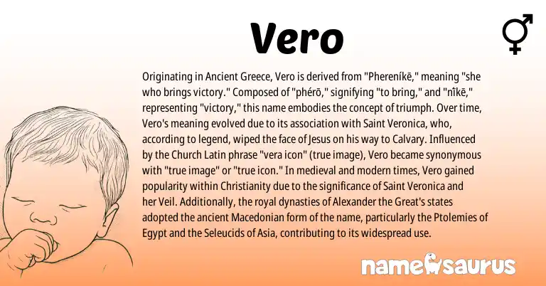 Infographic about Vero name meaning, Vero is a name from Greece, Christianity, Latin, Macedonian origin(s).