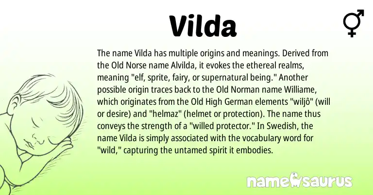 Infographic about Vilda name meaning, Vilda is a name from Old High German, Old Norse, Swedish, Old Norman origin(s).