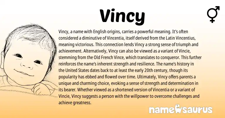 Infographic about Vincy name meaning, Vincy is a name from Indian, Latin, French, English origin(s).