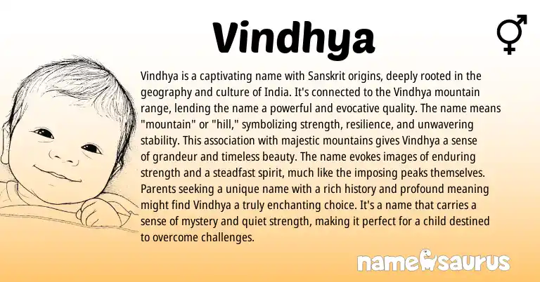 Infographic about Vindhya name meaning, Vindhya is a name from Indian, Sanskrit origin(s).