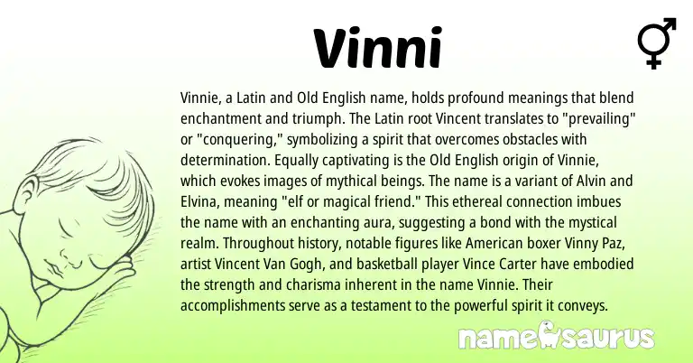 Infographic about Vinni name meaning, Vinni is a name from Old English, Latin, American origin(s).