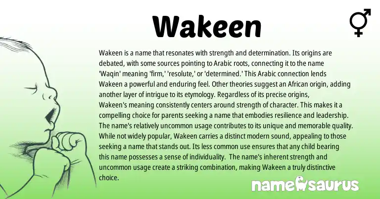 Infographic about Wakeen name meaning, Wakeen is a name from Arabic origin(s).