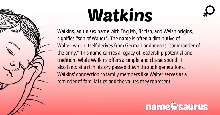 Infographic about Watkins name meaning, Watkins is a name from English, British, Welsh origin(s).
