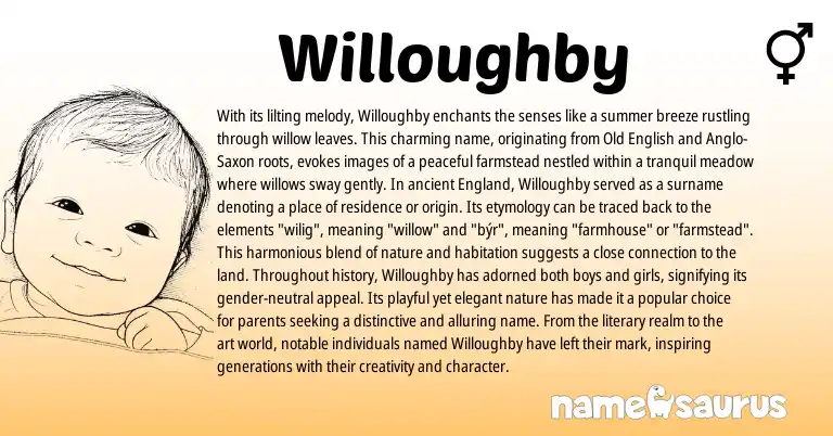 Infographic about Willoughby name meaning, Willoughby is a name from Old English, England, Anglo-Saxon origin(s).