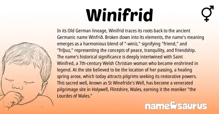 Infographic about Winifrid name meaning, Winifrid is a name from Old German, Germanic, Welsh origin(s).