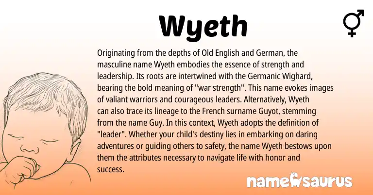Infographic about Wyeth name meaning, Wyeth is a name from Old English, Germanic, French, German origin(s).