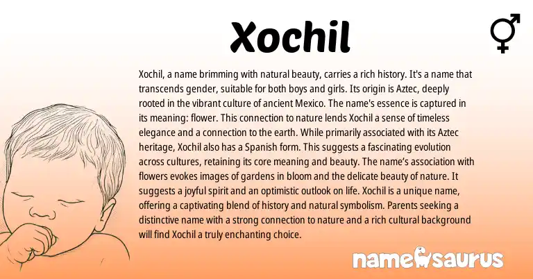 Infographic about Xochil name meaning, Xochil is a name from Aztec, Nahuatl origin(s).