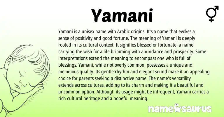 Infographic about Yamani name meaning, Yamani is a name from Arabic origin(s).