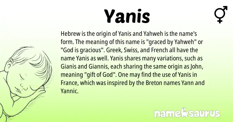 Infographic about Yanis name meaning, Yanis is a name from Swiss, Breton, French, Greek, Hebrew origin(s).