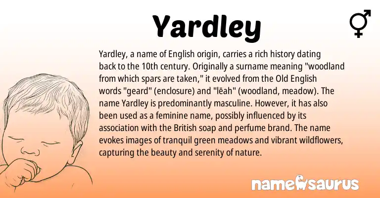 Infographic about Yardley name meaning, Yardley is a name from Old English, English, British origin(s).