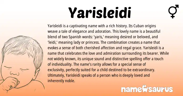 Infographic about Yarisleidi name meaning, Yarisleidi is a name from Cuban, Spanish origin(s).