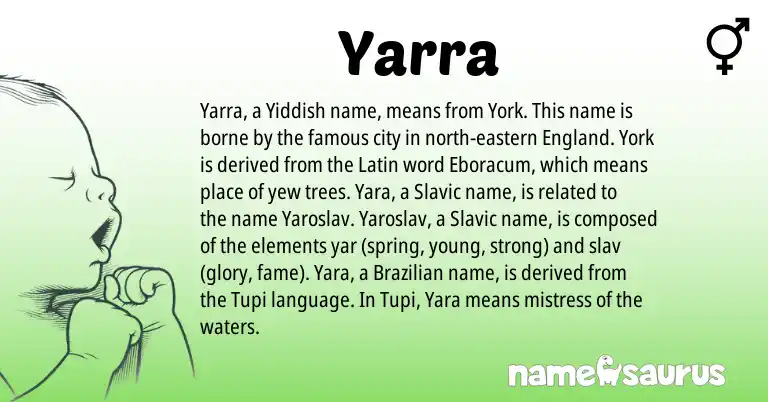 Infographic about Yarra name meaning, Yarra is a name from Slavic, England, Latin, Tupi, Yiddish, Brazilian origin(s).