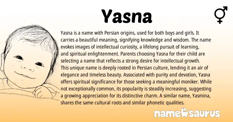 Infographic about Yasna name meaning, Yasna is a name from Avestan, Persian origin(s).