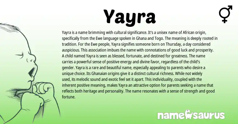 Infographic about Yayra name meaning, Yayra is a name from Ewe, African, Ghanaian origin(s).