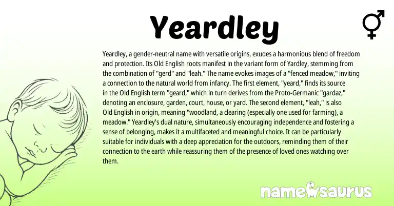 Infographic about Yeardley name meaning, Yeardley is a name from Old English, Germanic origin(s).