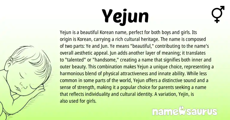 Infographic about Yejun name meaning, Yejun is a name from Korean origin(s).