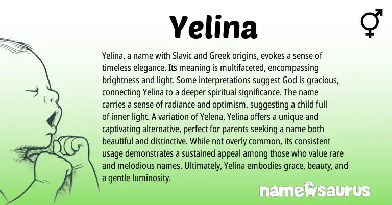 Infographic about Yelina name meaning, Yelina is a name from Afghan, Russian, Greek origin(s).