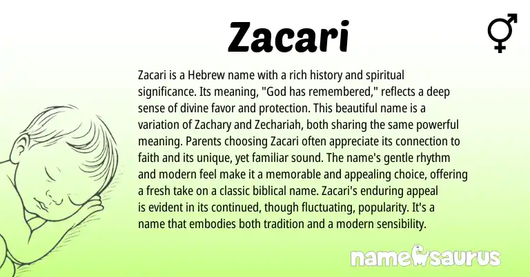 Infographic about Zacari name meaning, Zacari is a name from Hebrew origin(s).