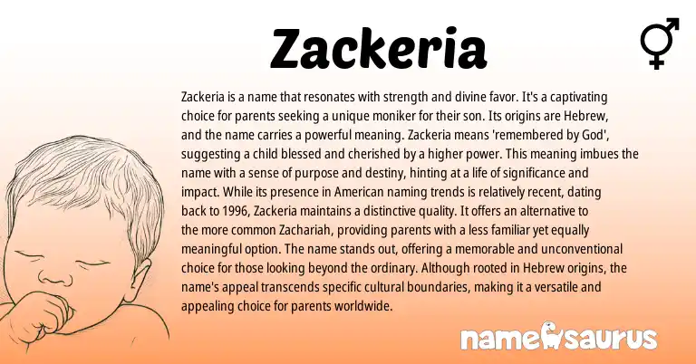 Infographic about Zackeria name meaning, Zackeria is a name from Hebrew, Arabic origin(s).