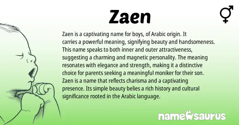 Infographic about Zaen name meaning, Zaen is a name from Arabic origin(s).