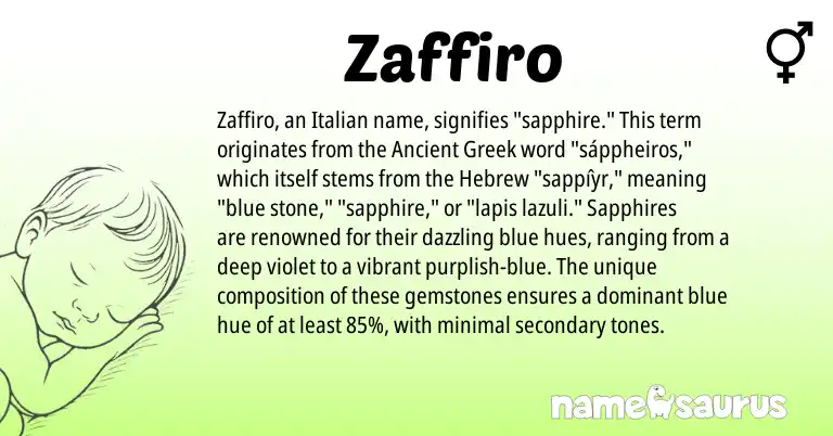 Infographic about Zaffiro name meaning, Zaffiro is a name from Ancient Greek, Hebrew, Italian origin(s).