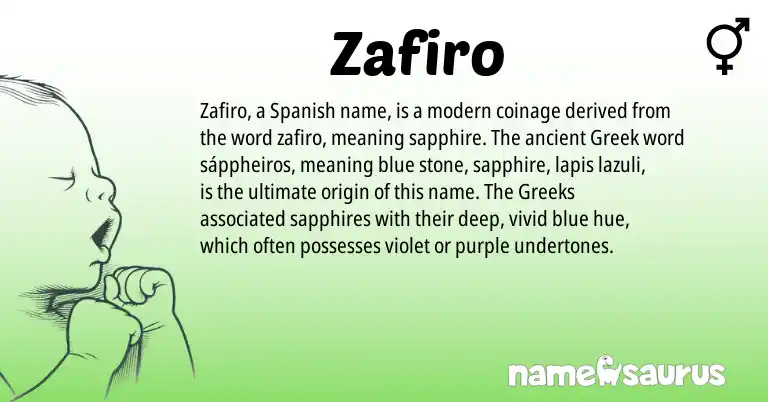 Infographic about Zafiro name meaning, Zafiro is a name from Spanish, Greek origin(s).