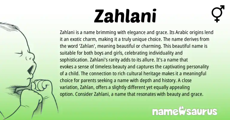 Infographic about Zahlani name meaning, Zahlani is a name from Arabic origin(s).