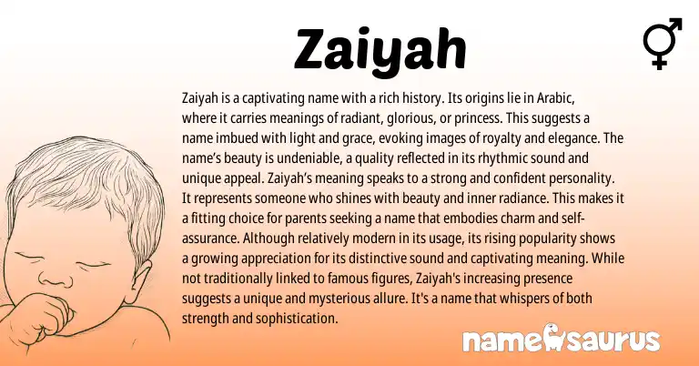 Infographic about Zaiyah name meaning, Zaiyah is a name from Arabic origin(s).