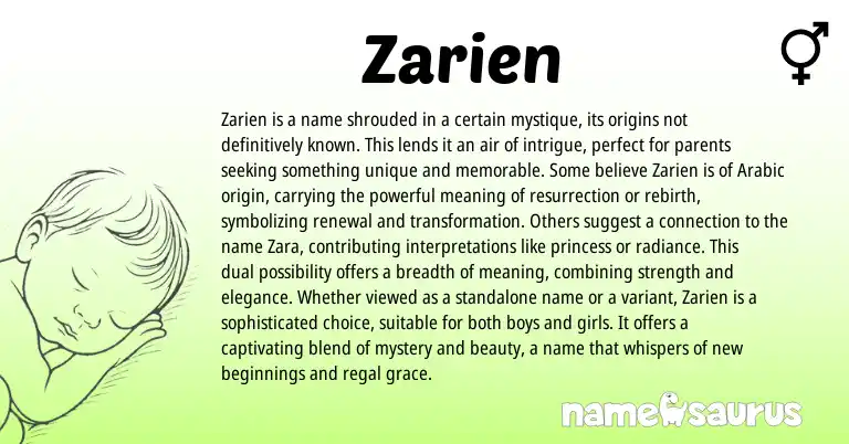 Infographic about Zarien name meaning, Zarien is a name from Arabic origin(s).